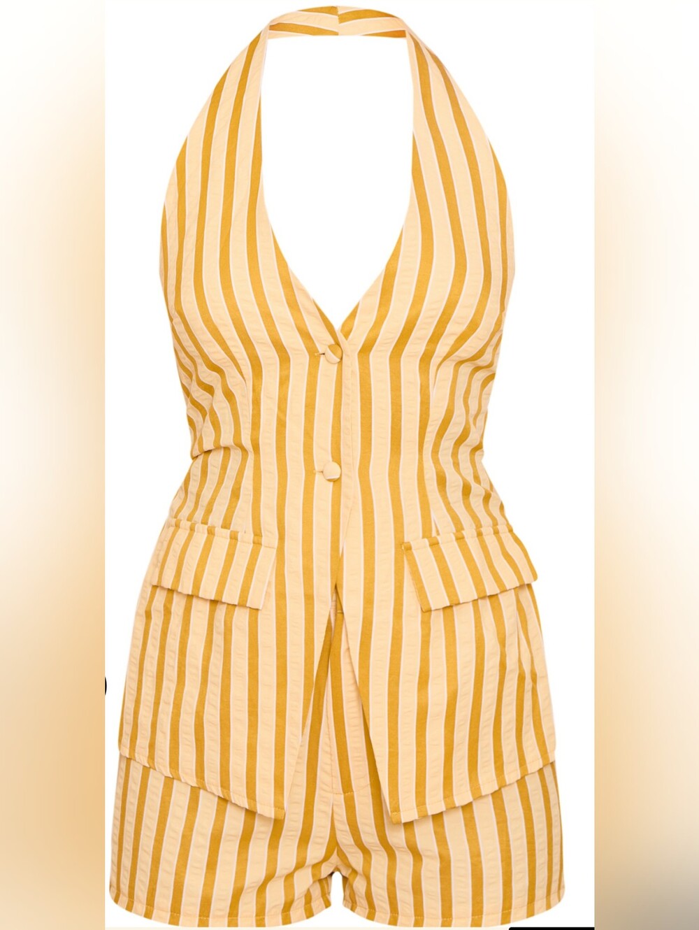 Lemon Pinstripe Halter Playsuit Size 4 Pretty Little Thing